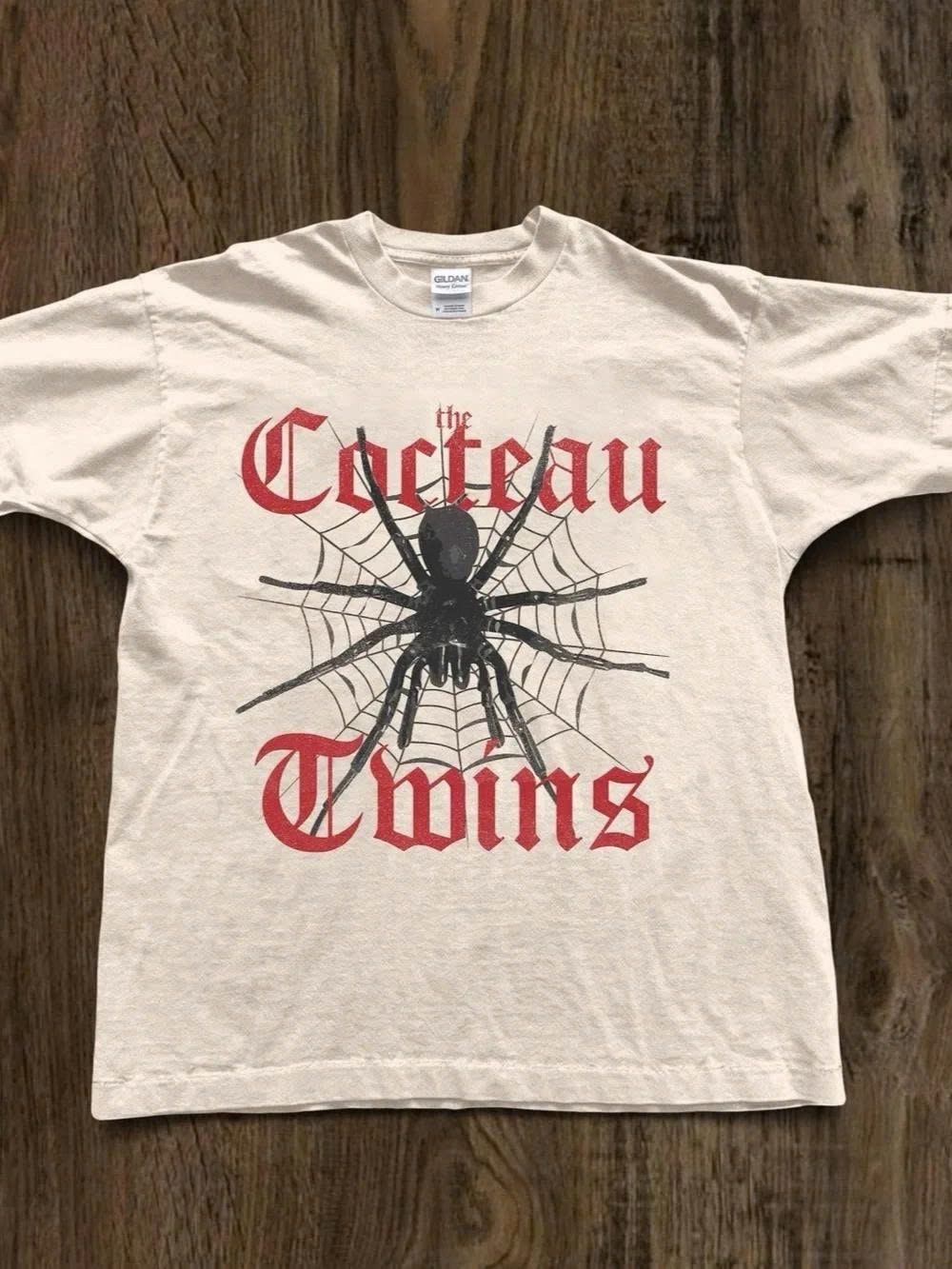 Gildan Cream Kids Tee with Red Logo & Black Spider Graphic